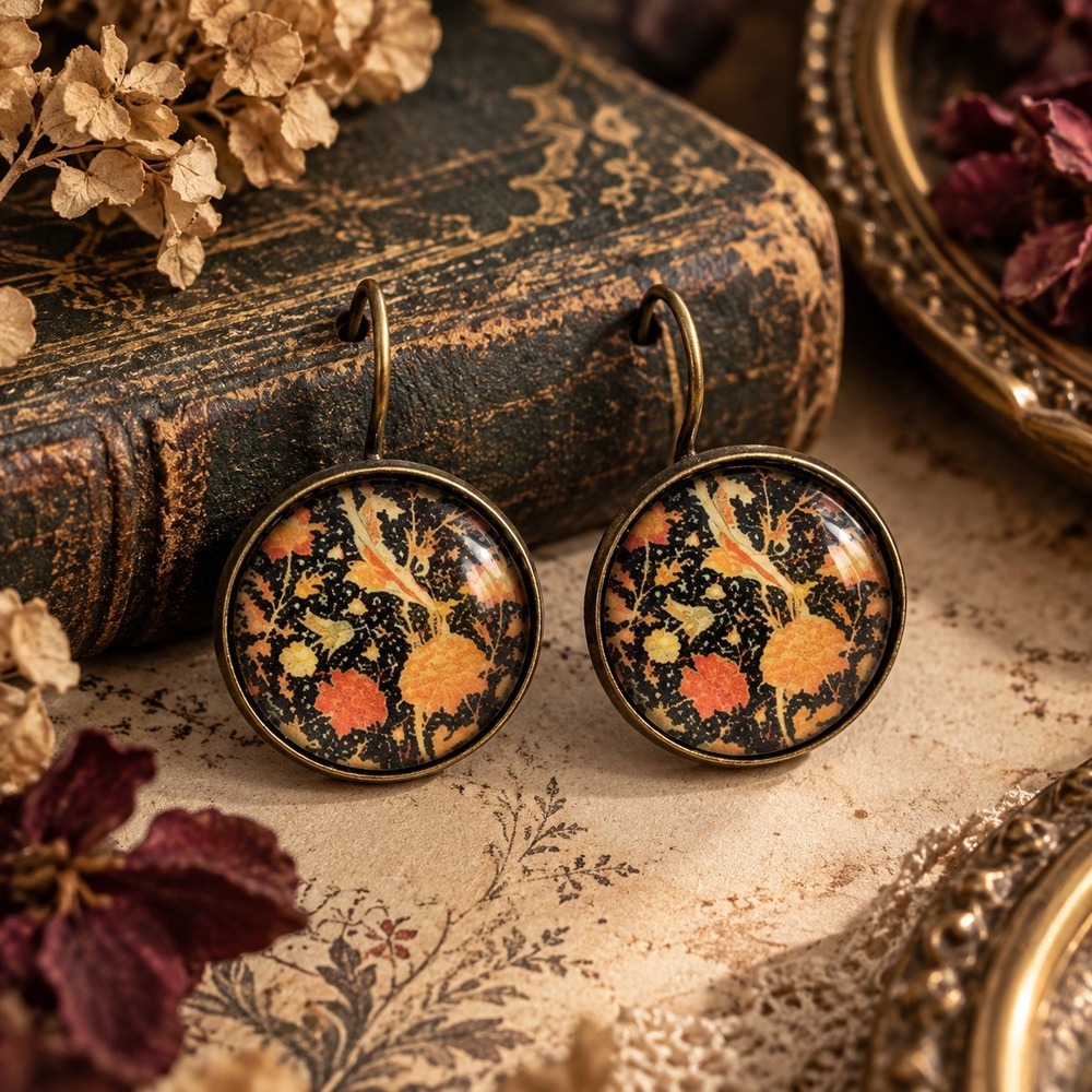 Vintage Style Floral Glass Cabochon Drop Earrings Antique Bronze Tone Leverback